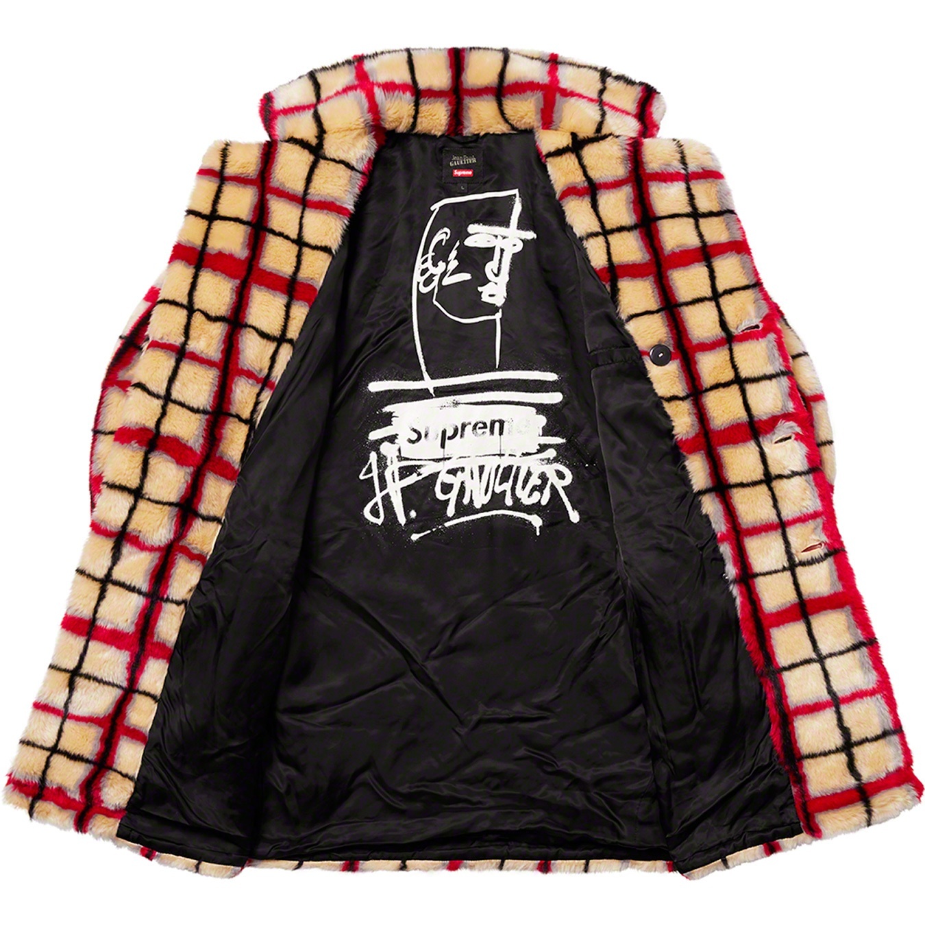 Supreme®/Jean Paul Gaultier® Double Breasted Plaid Faux Fur Coat view 3